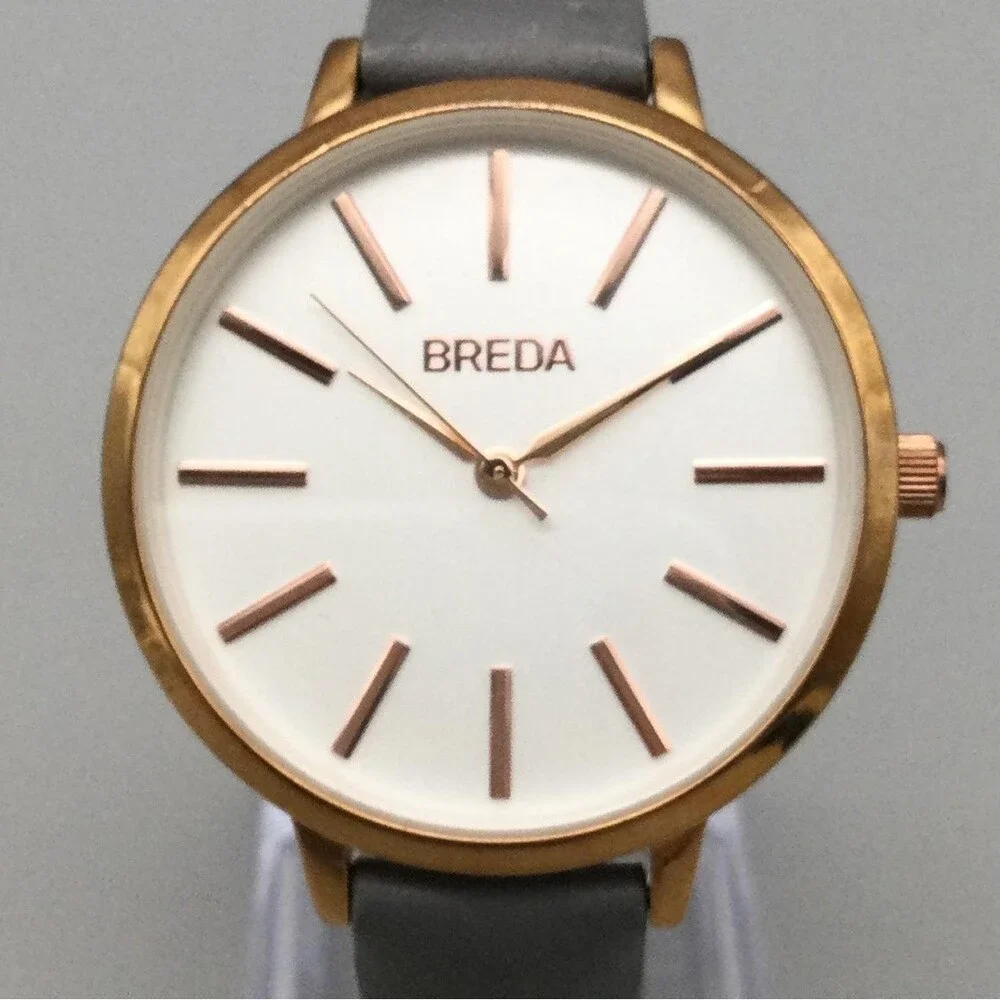 Breda Womens Watch 37mm Silver Gold Tone Gray Leather Strap New Battery